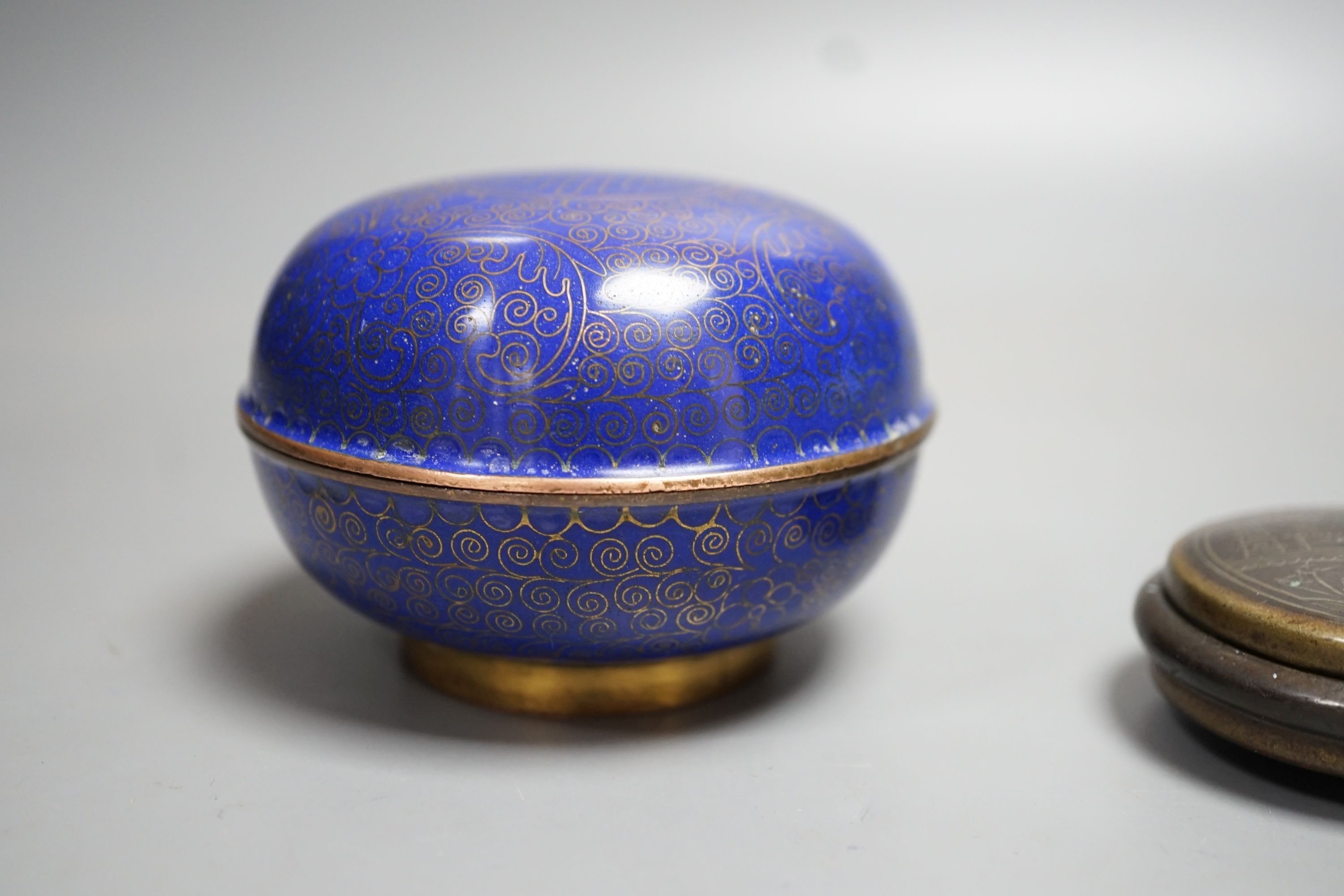 A Chinese white metal wire inlaid bronze seal paste box, 19th century and a cloisonne box, 8cm diameter